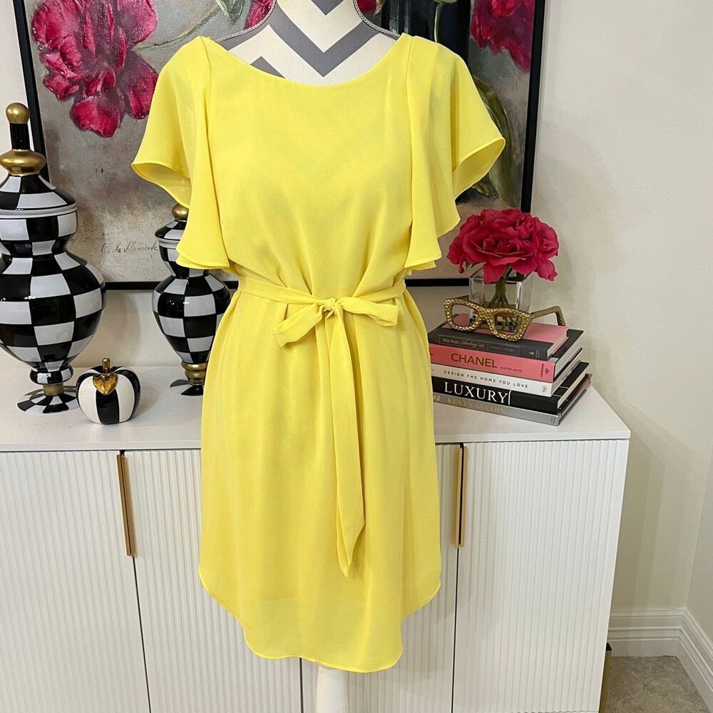 White House Black Market Women's Lined Flutter Sleeve Mini Dress Yellow Size 4